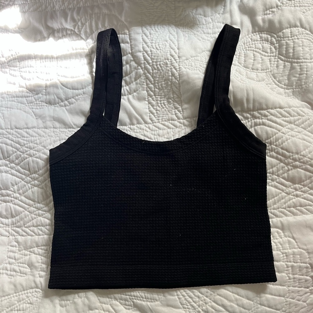 Black Cropped Waffled Tank Top